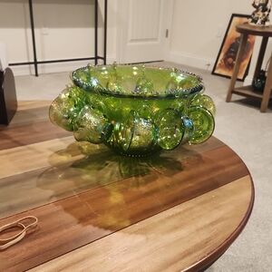 Green Glass Punch Bowl Set